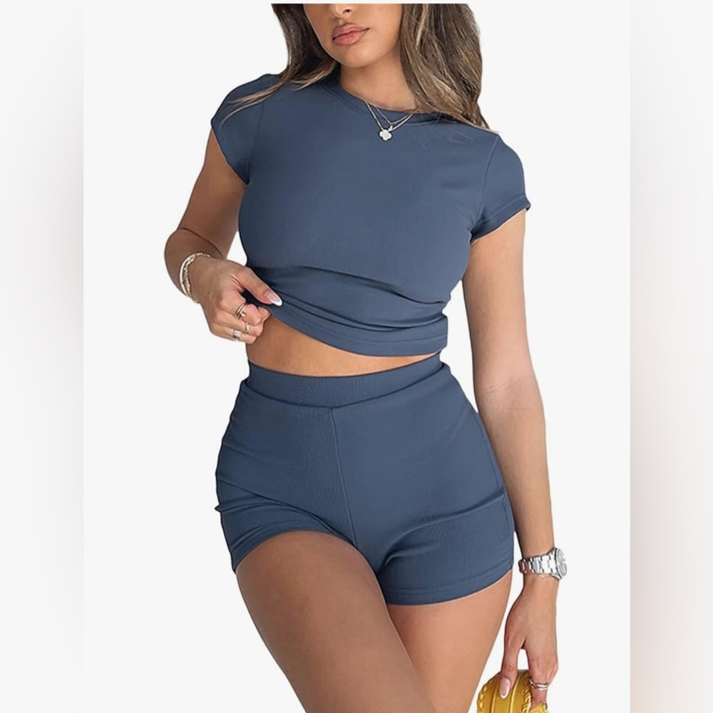 Navy Blue Ribbed Shorts Set